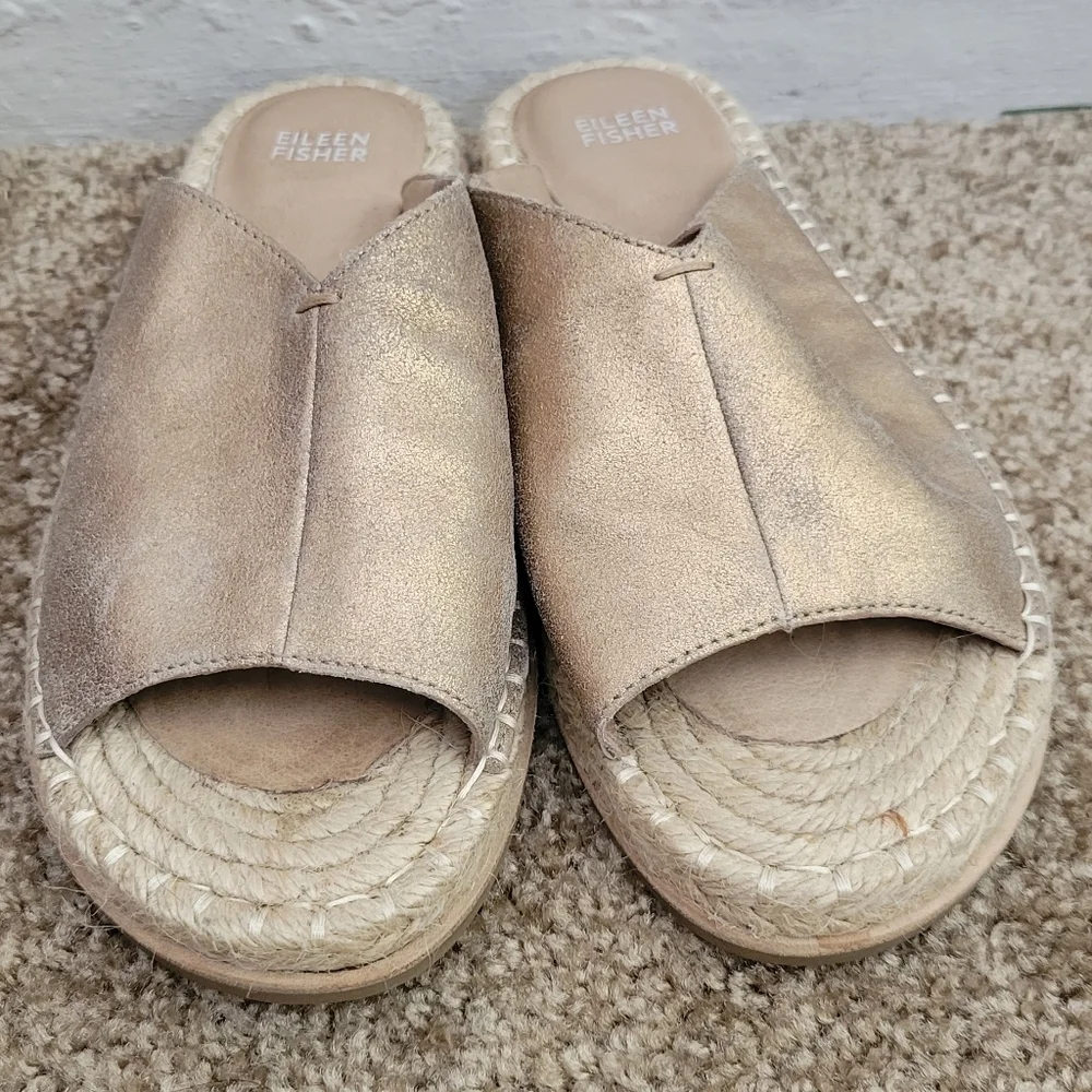 Eileen Fisher Milly Gold Metallic Suede Espadrille Size 8.5